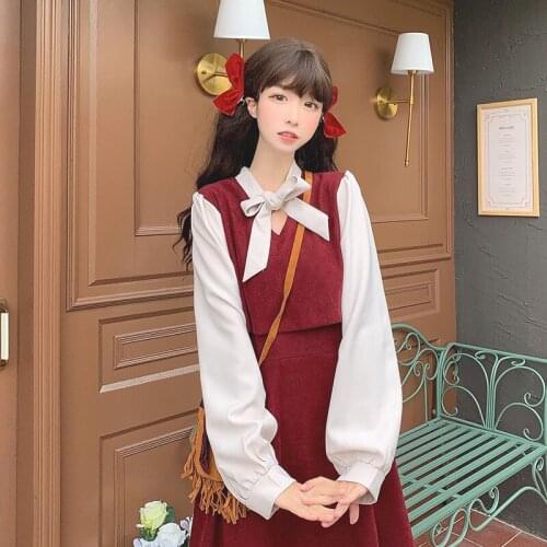 Japanese College Style Sweet Bow Mid-Length Long Sleeve Dress for Women Autumn and Winter 2021 New sweet lolita dress