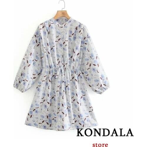 KONDALA 2021 Women Dress Za Vintage Fashion Chinese Style Digital Printing Lantern Sleeves Elastic Dress Chic Mujer Vestidos
