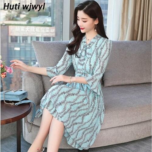 2021 Vintage Print Long Sleeve Midi Dresses Autumn Winter 3XL Plus Size Chiffon Casual Dress Elegant Women Bodycon Party Vestido