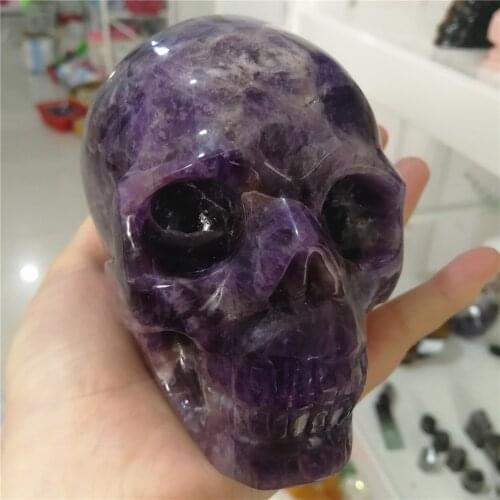 1-1.2KG Free Shipping Natural Crystal Stone Skull Figurine Hand Carved Statue Realistic Feng Shui Healing Home Ornament Amethyst