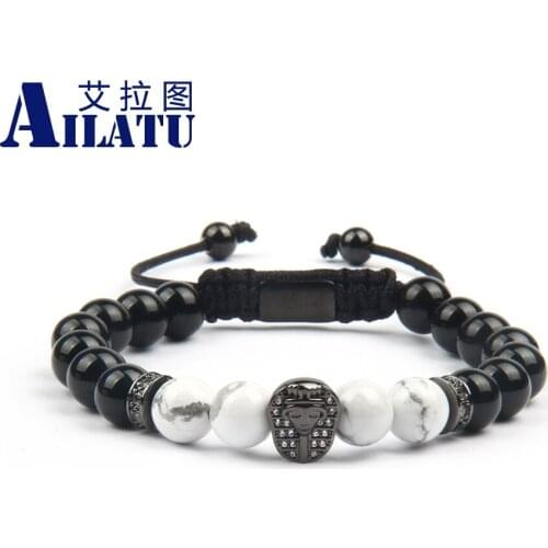 Pharaoh Head Bracelet 8mm Stone Hand-Made Rope Chain Fashion Jewelry for Present, Private Name Print on Back Bead