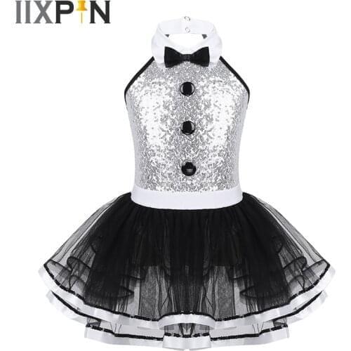 Girls Ballet Tutu Dress Sleeveless Shiny Sequins Decorative Buttons Dance Gymnastics Leotard Mesh Modern Jazz Dance Costume Kids