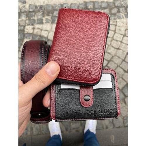 Carlino Men 'S Burgundy Zipper Vertical Wallet Belt Badge Holder Set