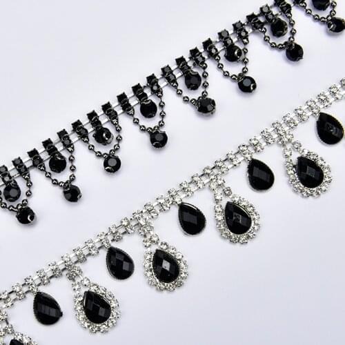 New 45cm/lot Black Crystal Beaded Strass Rhinestone Claw Chain Gun metal Cup Chains Base Tassel Trimming Fringe for Clothes