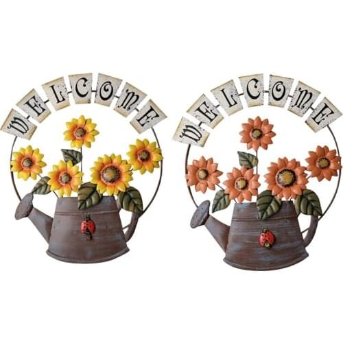Home Garden Creative Vintage Metal Hanging Sign with Kettle Sunflower Plaque Plate Farmhouse Wall Art Patio Decoration