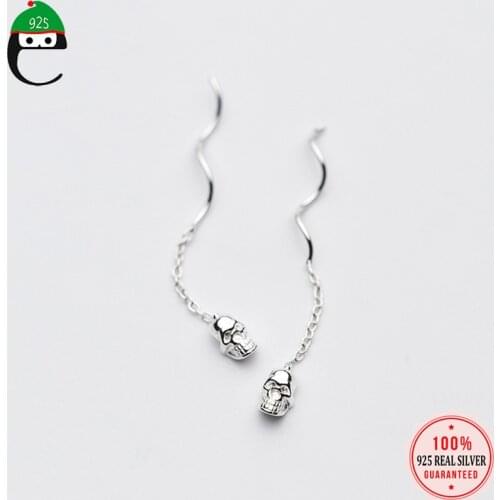 ElfoPlataSi 100% 925 Real Sterling Silver Stud Earrings Little Skeleton Skull 4cm Linked Drop Stick Girls Friends Gift XY813