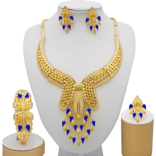 Dubai gold jewelry sets African bridal wedding gifts for women Saudi Arab Necklace Bracelet earrings ring set stone jewellery