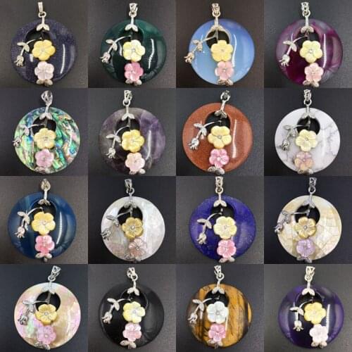 Shell Carnelian Tiger Eye Crystal Lapis Lazuli Opal Blue Sand Goldstone Flower Round Art Women Men Pendant Bead WB727