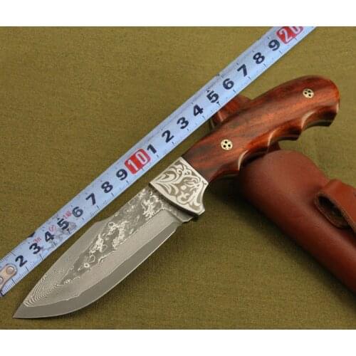 LCM66 Handmade forged Damascus steel hunting knife 59 HRC Damascus Steel fixed knife ebony handle with Leather sheath