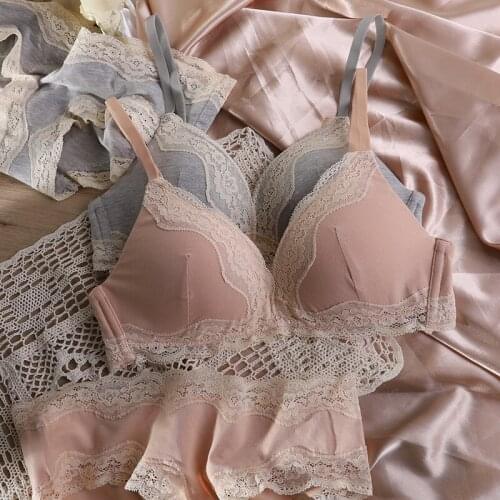 Autumn and winter cotton no steel ring gathered lingerie panty sexy lace girl underwear thin comfortable flat-breasted bra set