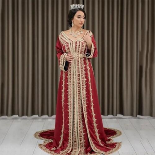 Luxury Red Moroccan Kaftan Formal Evening Dresses Beaded Embroidered Arabic Muslim Prom Party Dresses Custom Made