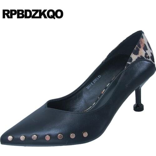 Designer stiletto pumps 2019 stud metal autumn pointed toe shoes women rivet scarpin black leopard print high heels size 4 34