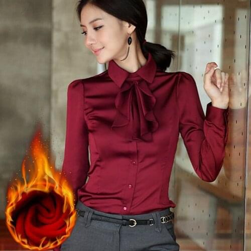 Office Ladies 2020 New Work Shirt Women Winter Thick Satin Shirts Long Sleeve Elegant OL Formal Top Plus Size 6XL WXF700
