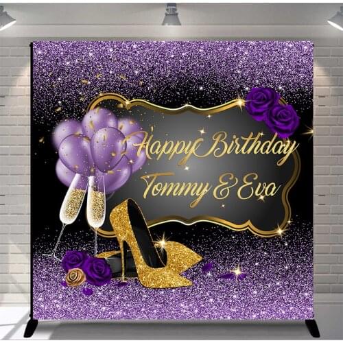 Women Birthday Party Banner Backdrop Purple Gold Glitter High Heel Balloon Background Custom Birthday Decoration Photocall