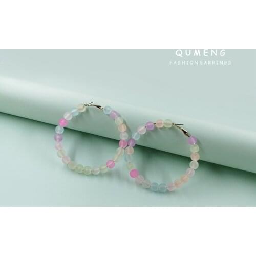 2021 Korean Fashion Multicolor Round Beads C-Shaped Hoop Earrings For Women Handmade Fresh Sweet Temperament Statement Jewelry