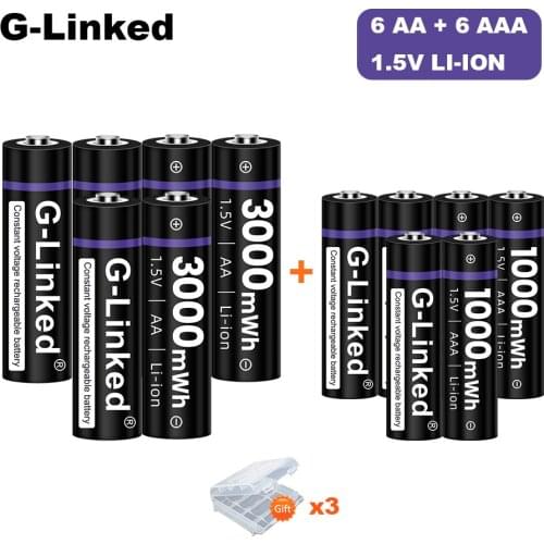 6pcs AA +6pcs AAA Rechargeable Battery 1.5V AA 3000mWh/1.5V AAA 1000mah Li-ion battery lithium 1.5v for mouse