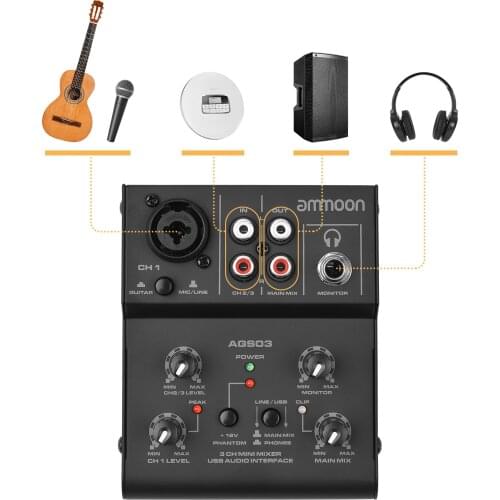 Ammoon AGS03 3-Channel Mini Mixer Mixing Console USB Audio Interface Plug-and-Play 18V Phantom Power for Home Studio Recording