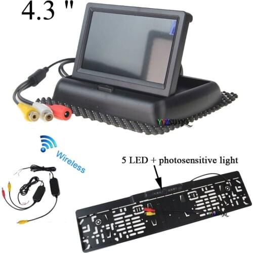 Wireless European Car License Plate Frame Number Plate Holder Kit 4.3" inch Folding Rearview Monitor Night Vision Backup Camera