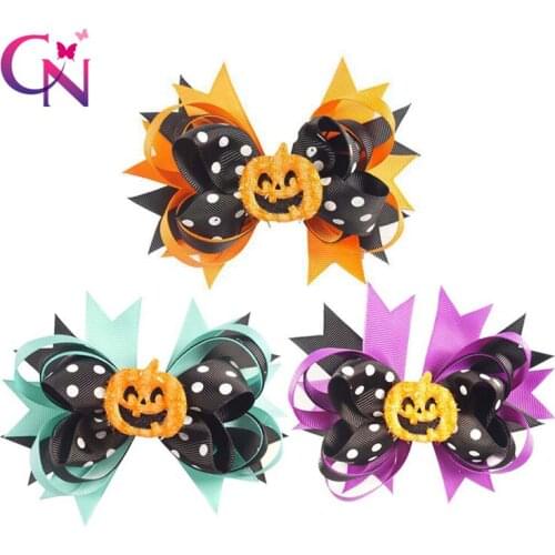 CN 5'' Printed Polka Hair Bows Halloween Smile Pumpkin Hair Clips For Kids Girls Layered Festival Hair Accessories