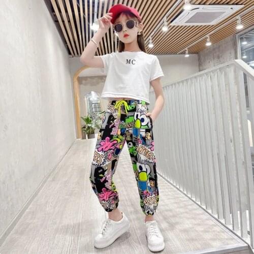 Kids Letter Crop Tops Cartoon design children sport suits Dance Costumes for Girls Teenage Girl Hip Hop Clothing 6 8 10 12 Years