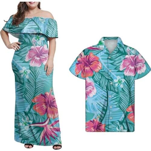 HYCOOL latest Summer floral print sky blue Off Shoulder Maxi Dress Ruffles Short Sleeves Long Party Dresses For couple outfits