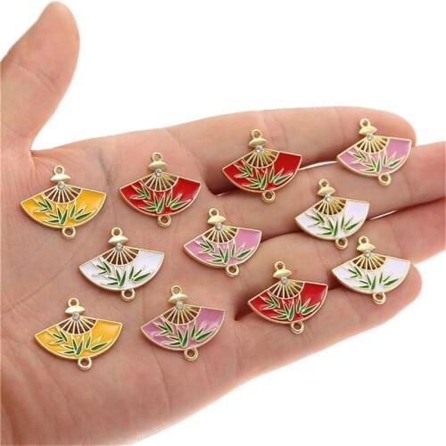Julie Wang 5PCS Enamel Folding Fan Charms Alloy Mixed Colors Chinese Painting Bamboo Pendant Bracelet Jewelry Making Accessory