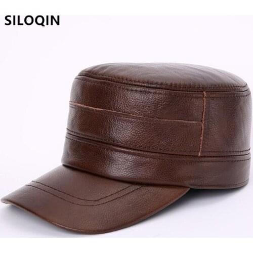 SILOQIN Natural Genuine Leather Cap Cowhide Leather Military Hats Snapback Cap New Winter Mens Warm Hat Men Flat Caps Navy Hat