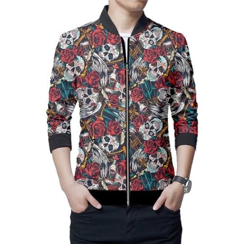EU Size Flower Skull Men Zipper Jacket 3D Printed Funny Hip Hop Long Sleeves Coat Streetwear Tracksuits wholesale clothing lots