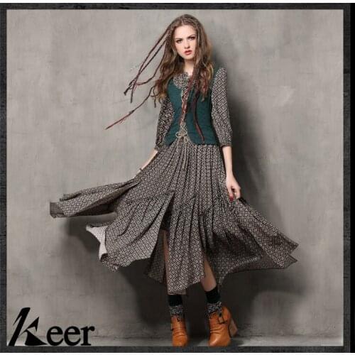 Summer Women Sprin Vintage Stand Collar Ethnic Embroidery Print FauxTwo Piece Irregular Cotton Casual Bohemian Beach Maix Dress