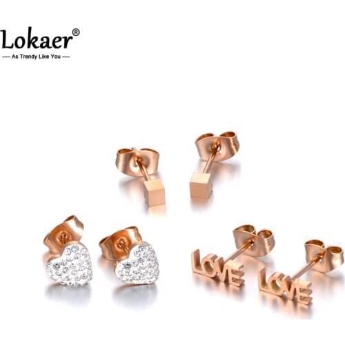 Lokaer 3Pair/Set Stainless Steel Crystal Heart & LOVE & Square Earrings For Women Rose Gold Earrings For Christmas Gift E19285