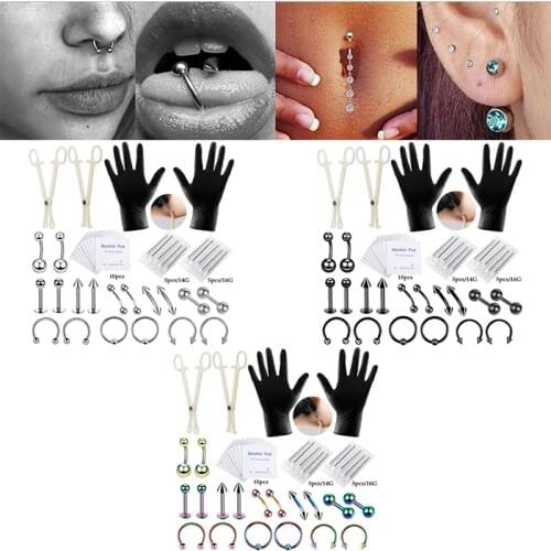 42PCS/Set Stainless Steel Professional Piercing Navel Tool Kit Belly Ring Tongue Tragus Nipple Lip Eyebrow Nose Body Jewelry
