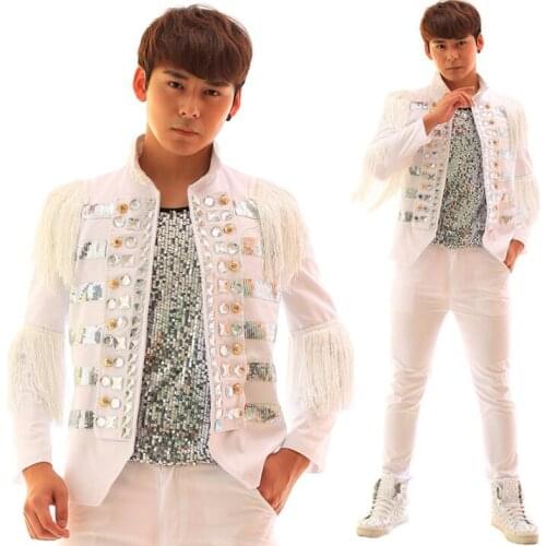 Fringed diamond sequins clothes men suits designs stage costumes for singers jacket men blazer dance star style dress punk