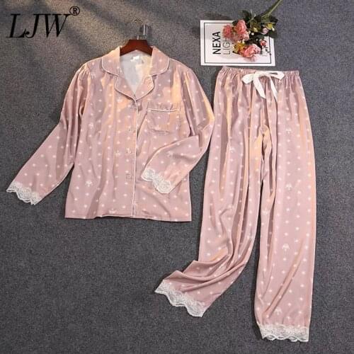 Teenager Pajamas set Ladys summer ice silk satin thin can worn outside silk lace simple printing long-sleeved trousers home