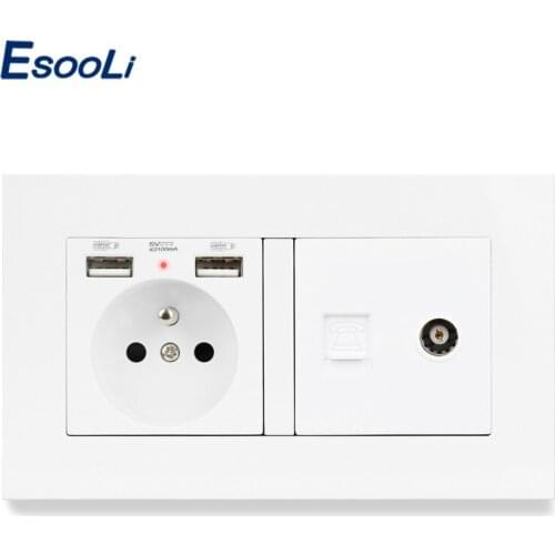 ESOOLI PC Plastic Panel French Standard Socket with 2 USB Charge Port +Female TV Connector and RJ11 Telephone Connector