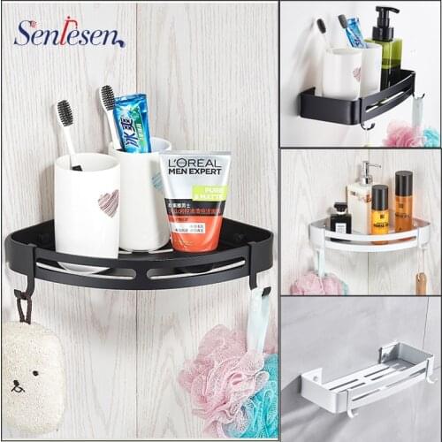 Senlesen Punch Free Bathroom Shelf Black Aluminum Bath Shower Shelf Bath Shampoo Holder Bathroom Corner Shelf Storage Holder