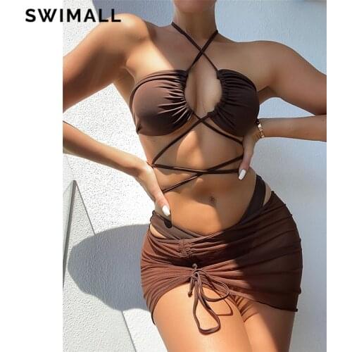 Sexy Pleated Bikini 2021 Solid Swimsuit Women Swimwear Three Pieces Bikini Set Beach Wear Bathing Suit Bather Biquini Female