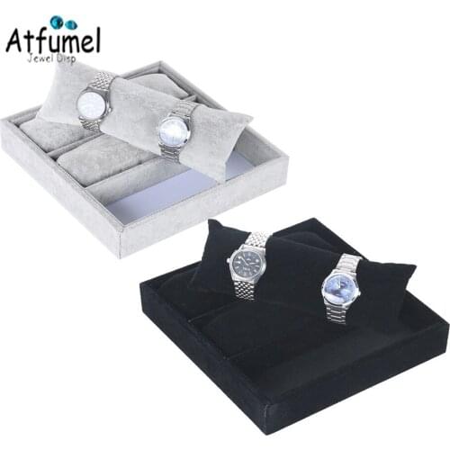 Velvet Bangle Jewelry Display Pillow Box 3 Grids Necklace Watch Organizer Tray With Cushion Bracelet Hairband Display Bar Holder