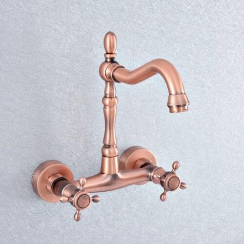 Antique Red Copper Double Cross Handle Two Hole Kitchen Bathroom Basin Faucet Sink Cold Hot Mixer Taps Swivel Spout 360' dsf863