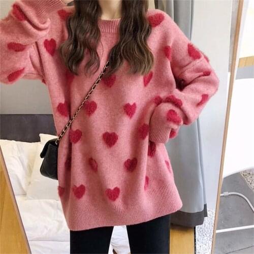 Loose Heart Sweater Pullover Long Sleeve Sweaters Winter Clothes Women Pull Femme Tops Pullovers Knit Top Casual Sweater Women’s