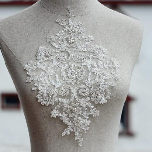 Ivory high quallity handmade Alencon Lace Appliques Floral Embroidered Patches Wedding Supplies Bridal Hair Flower 2piece