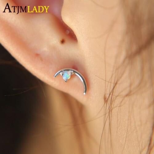 Jewelry Factory Promotion New Arrive Christmas Gift Moon Shape With 2mm White Fire Opal Studs Girl Women 925 Silver Earring