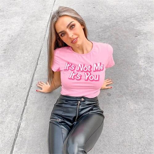 Casual Women Summer Pink Crop Tops Sweet Cute Funny Letter Print Short Sleeve Round Neck Slim Fit T-Shirt 2021