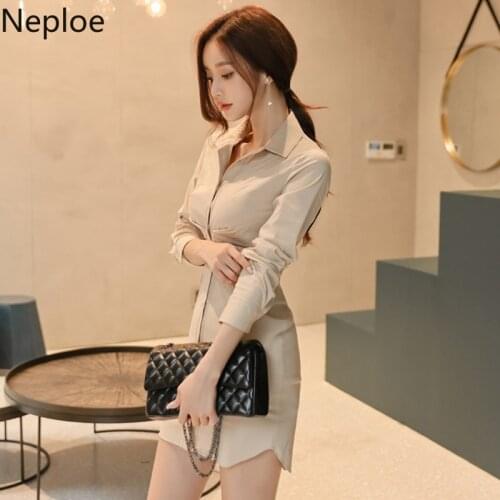 Neploe Office Lady Shirts Spring 2021 Solid Turn Down Collar Long Sleeve Female Top Sexy Single Breated Bodycon Blouses 49577