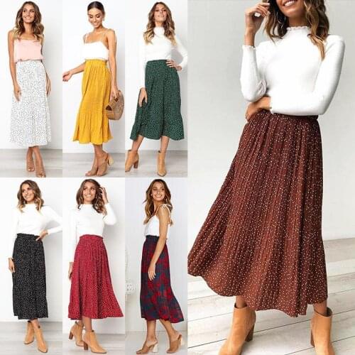 ZITY White Dots Floral Print Pleated Midi Skirt Women Elastic High Waist Side Pockets Skirts Summer 2019 Elegant Female Bottom