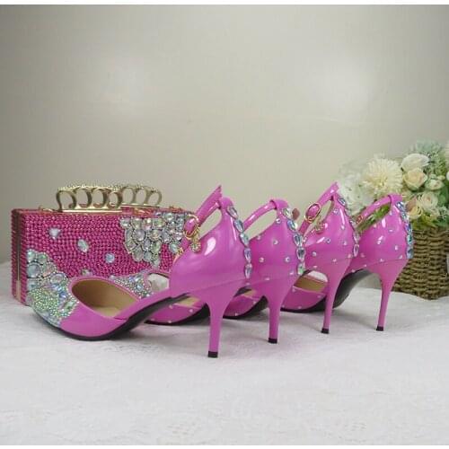 BaoYaFang pink color women summer sandals pointed toe ankle strap crystal wedding shoes Bride thin heel party dress shoe Buckle