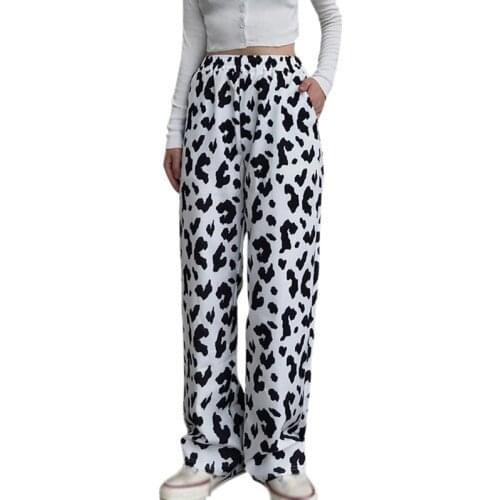 Womens High Waist Cow Pattern Pants Drape Wide Leg Loose Casual Polyester Cool Trousers