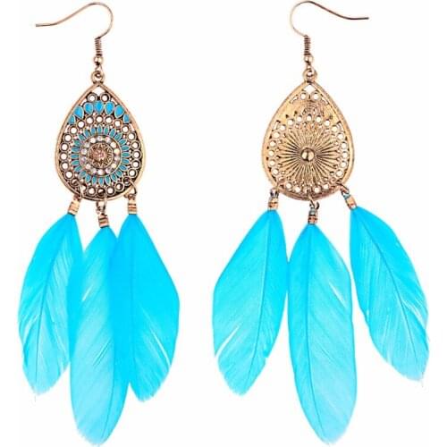 DOUVEI 2018 Newest Vintage Ethnic Long Feather Earrings For Women Fashion Boho Style Water Drop Blue Pink Lady Dangles Earring