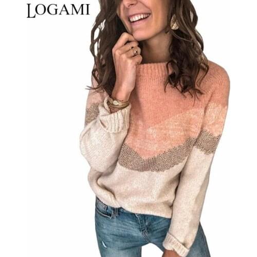 LOGAMI Long Sleeve Block Patchwork Sweater Women Autumn Winter Knitted Pullover Jumper 2020 New