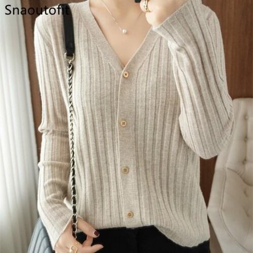 Snaoutofit Pure Wool Womens Sweater,Cardigan,V-Neck,2021 Spring Autumn,Warm,Comfortable,Fashionable,Knitted Top,Large Size, XL