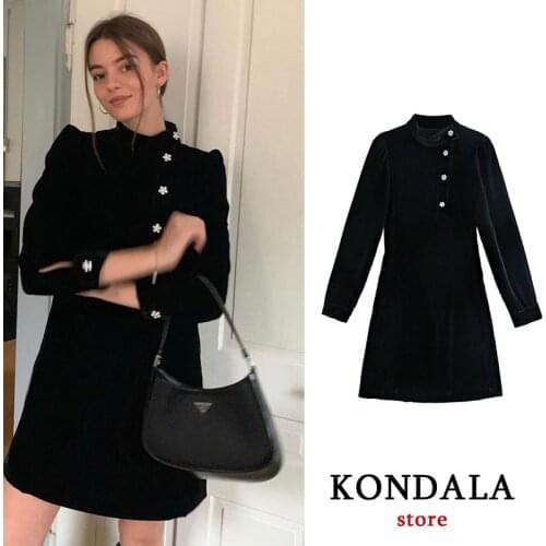 KONDALA Za Women 2021 Fashion Black Velvet Buttoned Shoulder padded Long Sleeve Elegant Mini Dresses Female Chic Vestidos